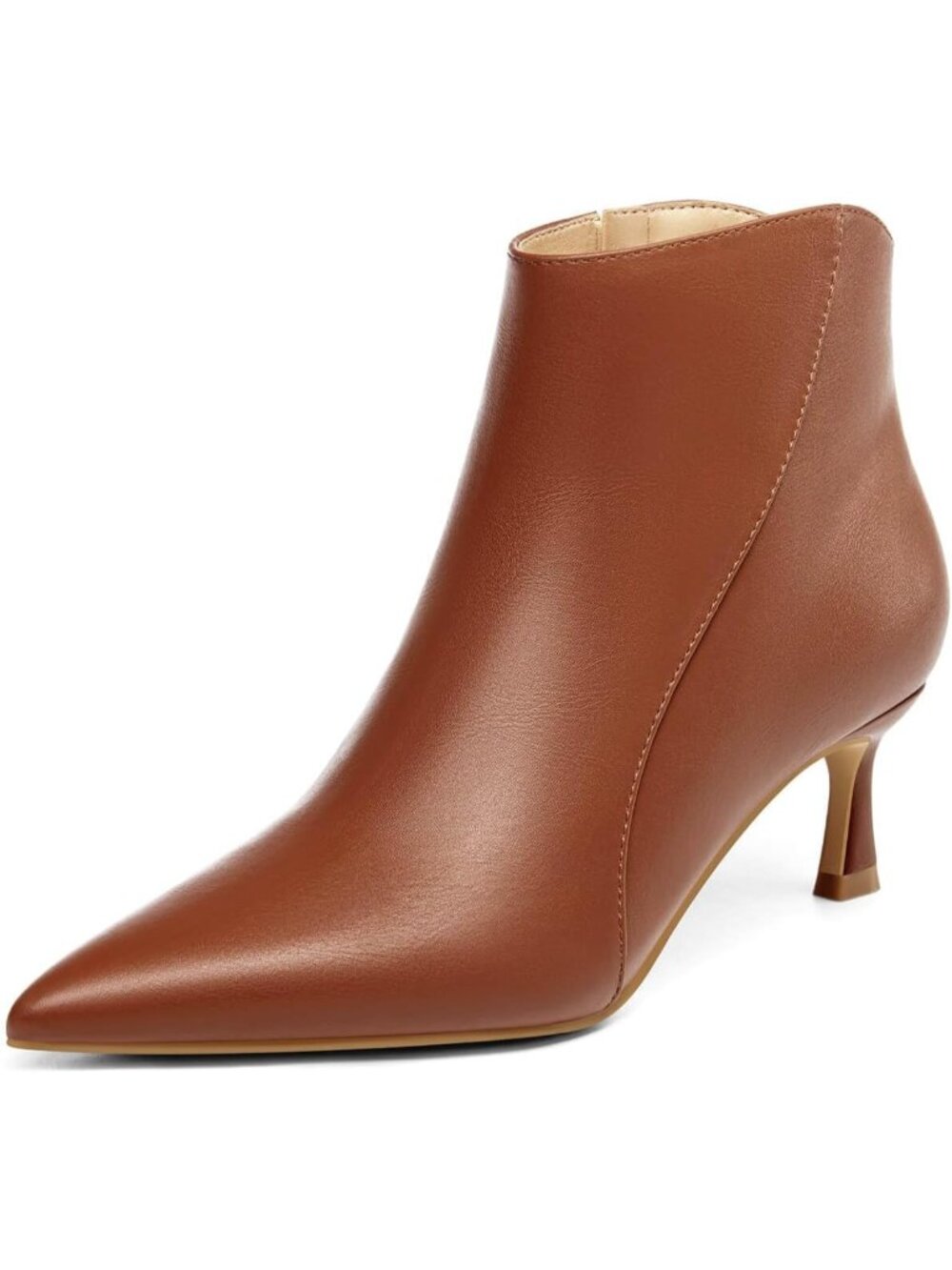 Women's Dark Brown Faux Leather Pointed Toe Side Zipper Kitten Heel Ankle Boots